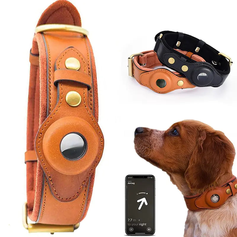 Leather dog collar with AirTag holder