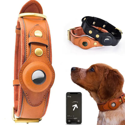 Leather dog collar with AirTag holder