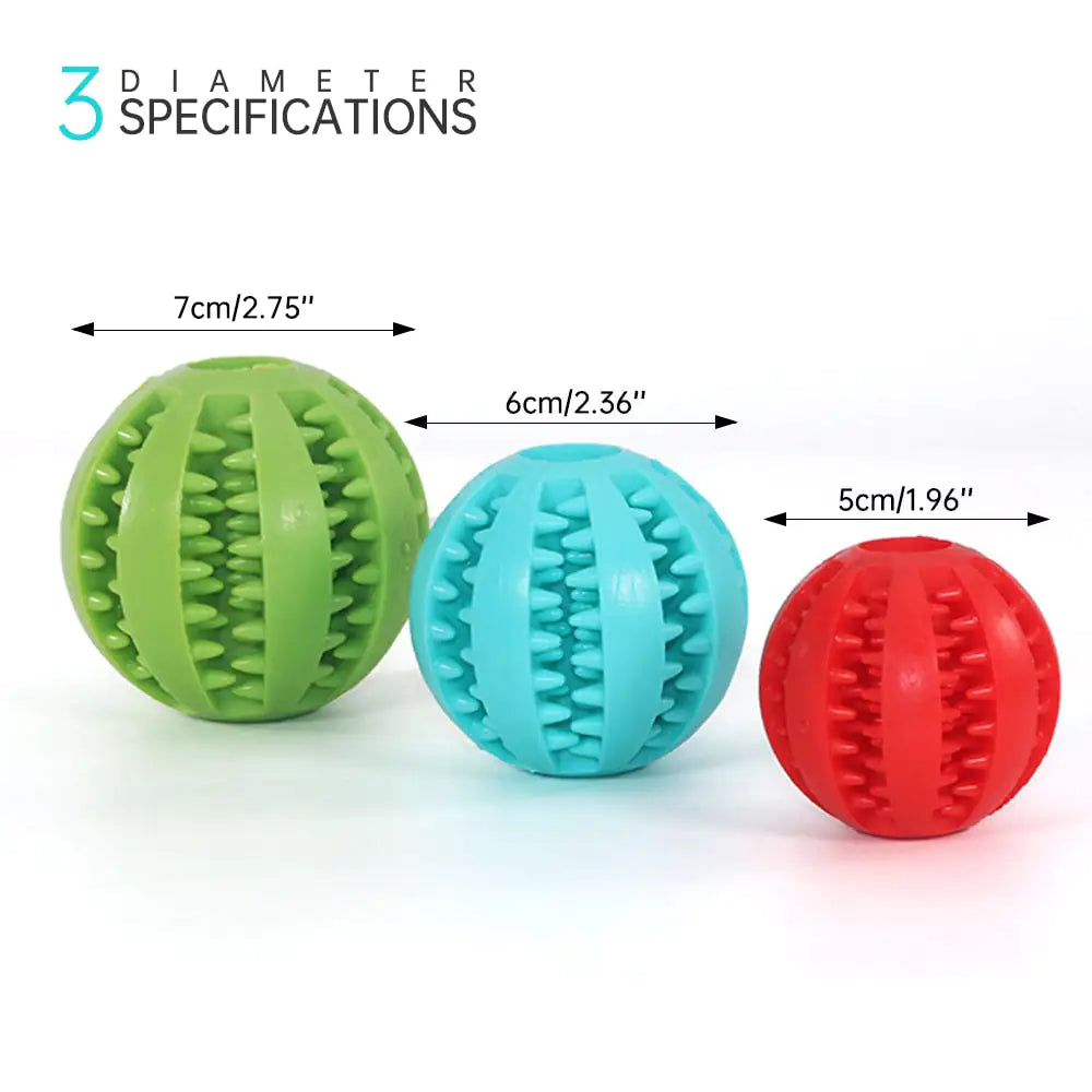 Three rubber balls in green, blue, and red with measurements on a white background.