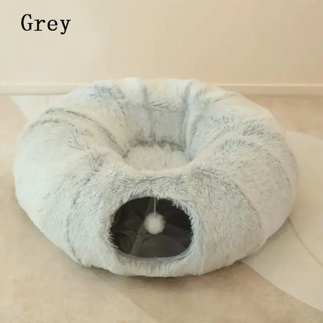 Plush cat hideaway tunnel bed