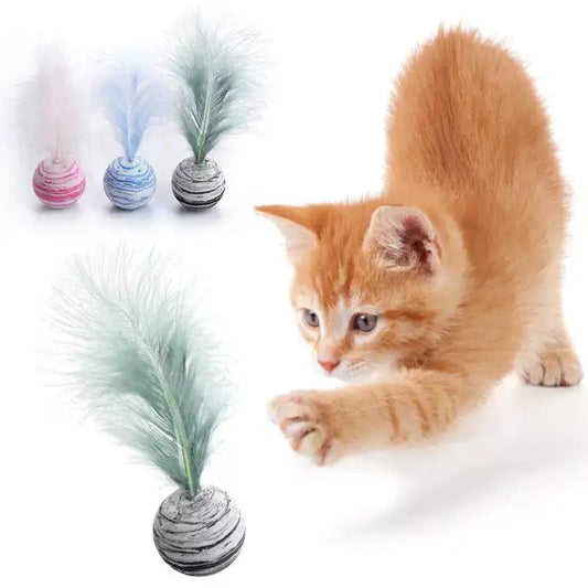 Interactive feather cat toy ball
